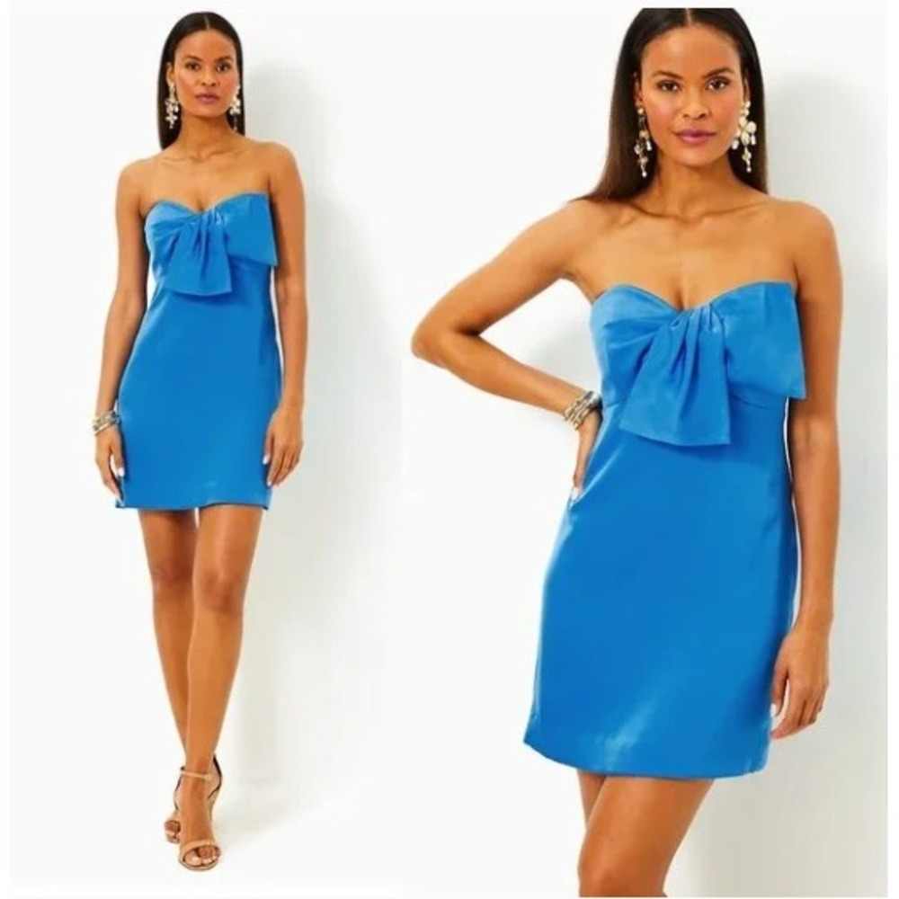 NWT Lilly Pulitzer Blue Carlynn Strapless‎ Satin Bow Mini Dress size 12
